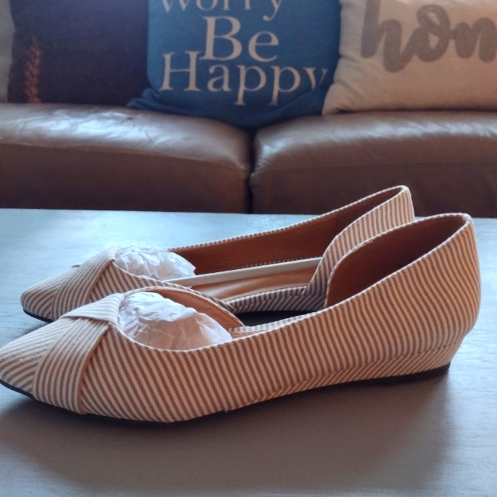 Tan & White Striped  Flats